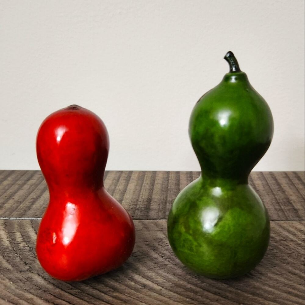Vintage 2 Painted Bottleneck Gourds Small Red Green Fall Decorations